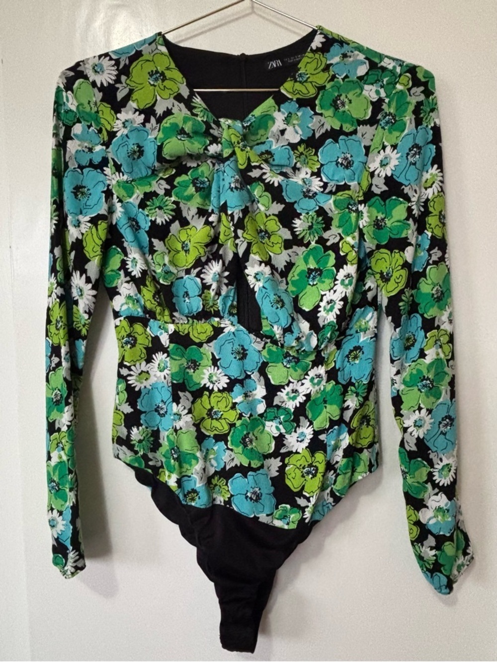 Zara| Black Lime & Aqua Retro-Style Floral Long-Sleeve Chest Twist Bodysuit Sz S